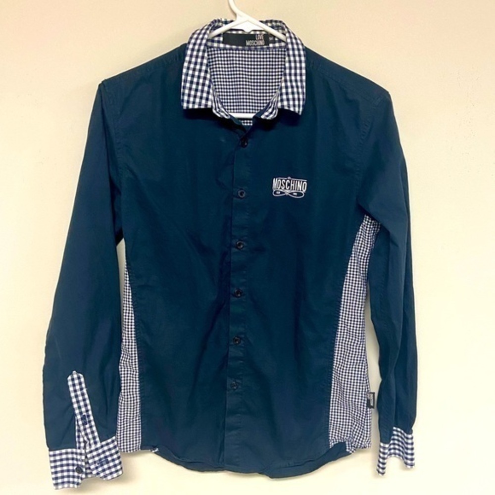 LOVE MOSCHINO Women’s Button Front Shirt Navy Blue Medium Great!!